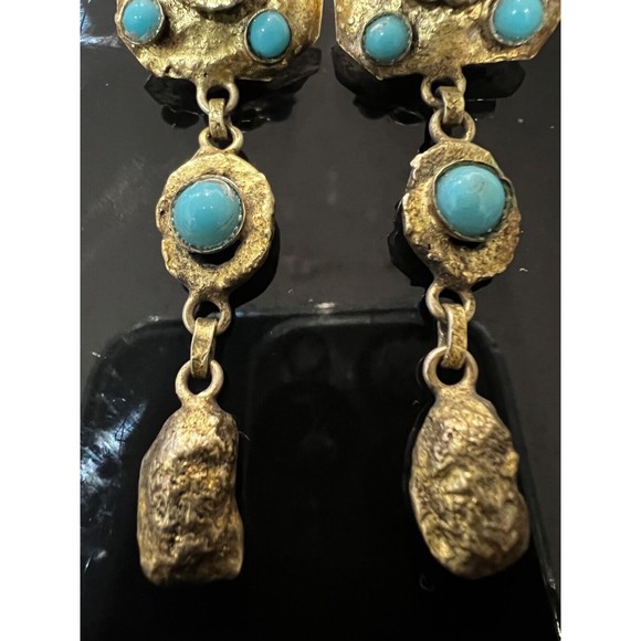 Vintage Mid Century HENRY PERICHON  Earrings Faux Turquoise  Gilt Bronze Rare - Picture 13 of 16